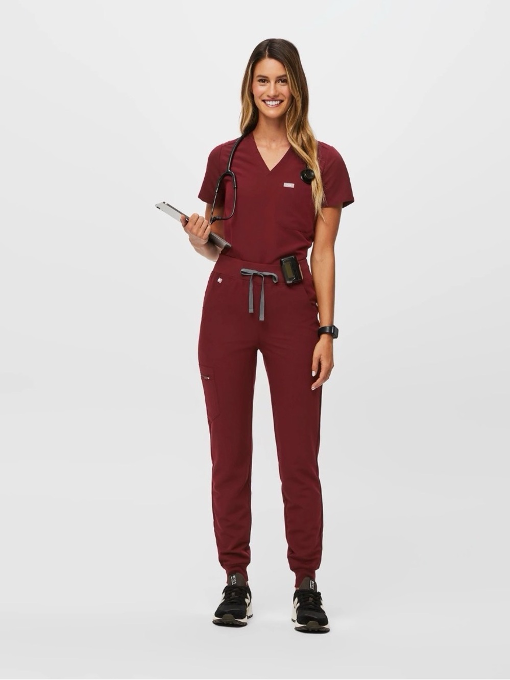 Figs Women's V-Neck Scrub Set in Burgundy with Gray Drawstring